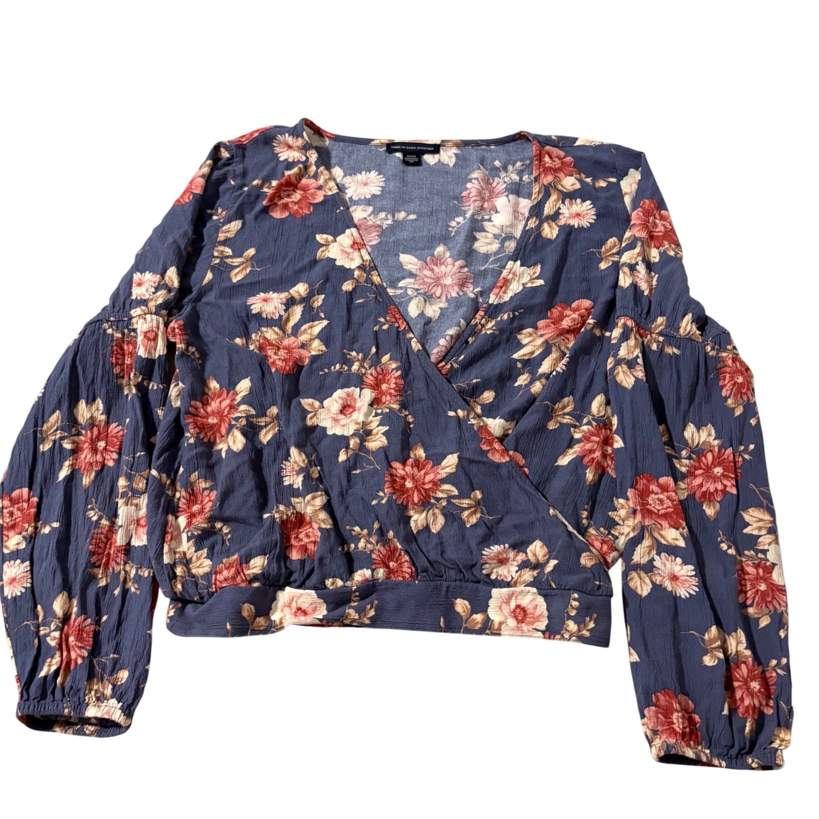 American Eagle Outfitters Floral Wrap Blouse Blue Red Balloon Sleeve Medium